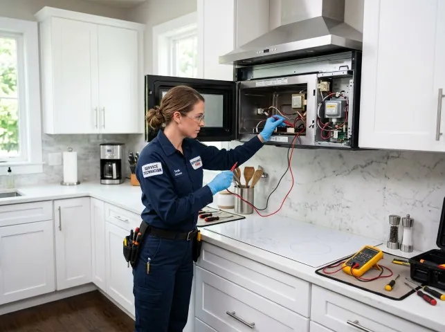 Appliance Repair Hero technician testing an over-the-range microwave in a Ashland, LA kitchen